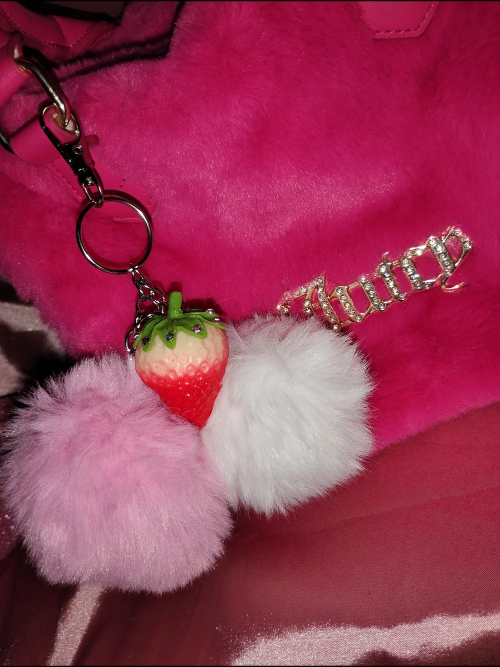 Pink Faux Fur Pom Pom Keychain with Strawberry Charm